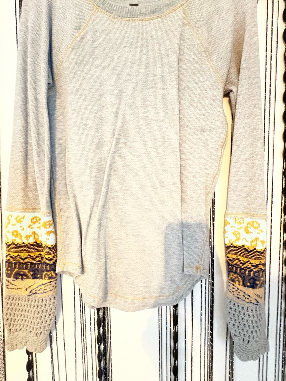 Free People Light Gray Crewneck Sweater with Yellow & Navy Patterned Cuffs